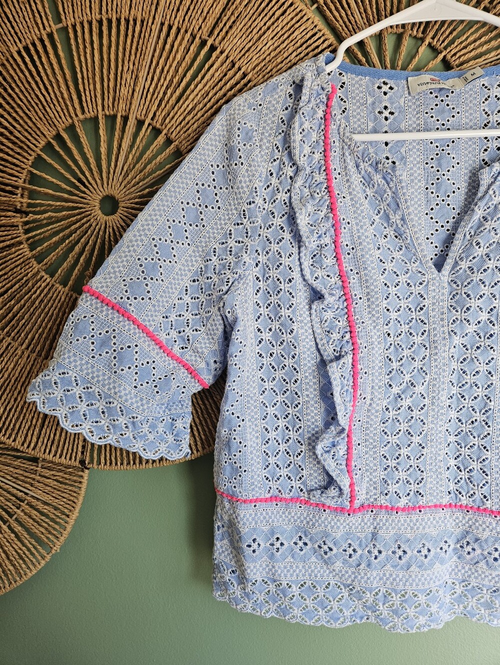 Vineyard Vines Eyelet Cropped Pom Pom Blouse